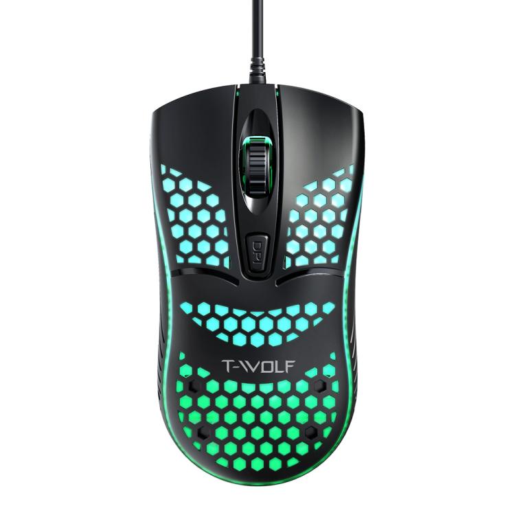 Ratón para juegos USB con cable T-WOLF V15 Honeycomb con iluminación RGB, diseño ergonómico hueco para PC, oficina y uso doméstico.