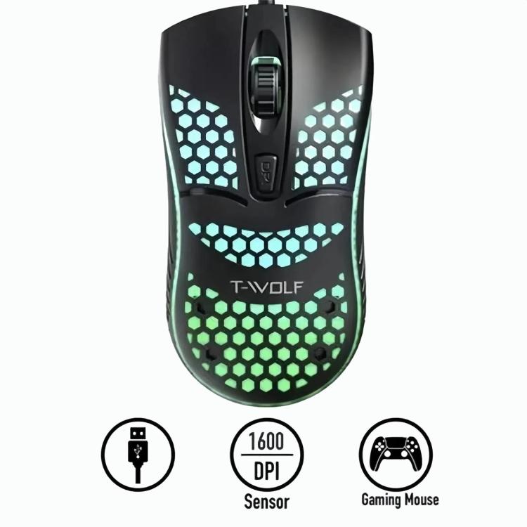 Ratón para juegos USB con cable T-WOLF V15 Honeycomb con iluminación RGB, diseño ergonómico hueco para PC, oficina y uso doméstico.