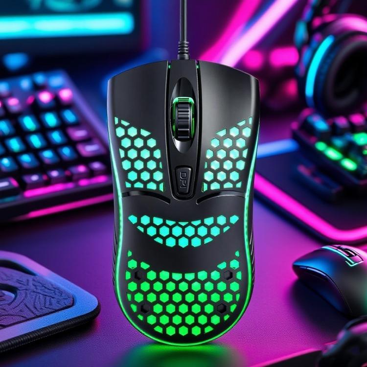 Ratón para juegos USB con cable T-WOLF V15 Honeycomb con iluminación RGB, diseño ergonómico hueco para PC, oficina y uso doméstico.