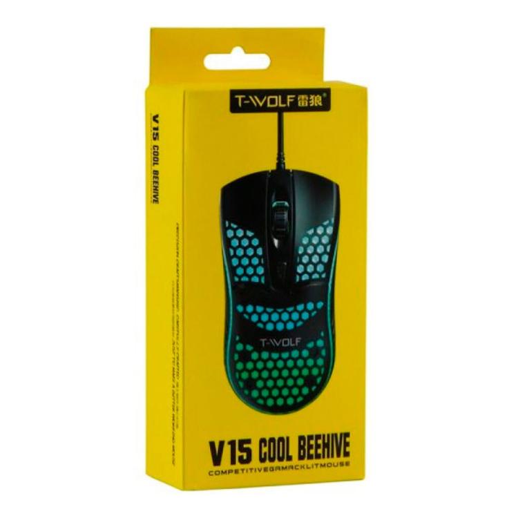Ratón para juegos USB con cable T-WOLF V15 Honeycomb con iluminación RGB, diseño ergonómico hueco para PC, oficina y uso doméstico.
