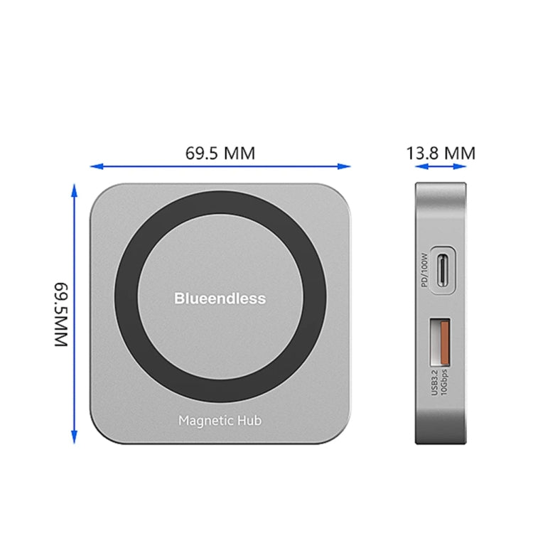 Concentrador magnético 8 en 1 de Blueendless con carcasa SSD M.2 NVMe/SATA (HDMI+PD100W+USB-C/Tipo-C 3.2+USB-A 3.2+SD+TF+AUX), MC906