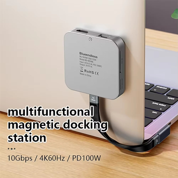 Concentrador magnético 8 en 1 de Blueendless con carcasa SSD M.2 NVMe/SATA (HDMI+PD100W+USB-C/Tipo-C 3.2+USB-A 3.2+SD+TF+AUX), MC906