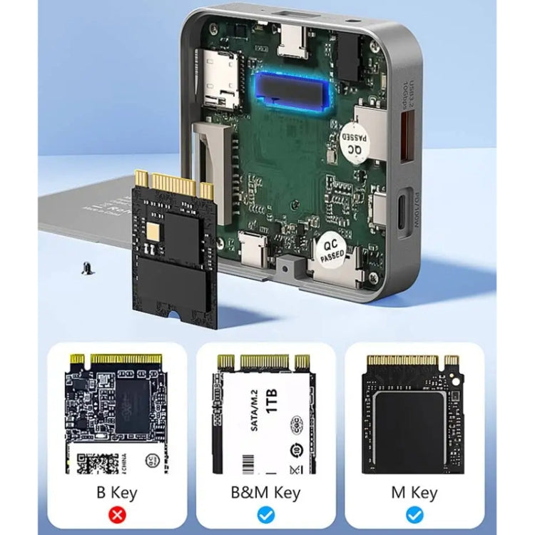 Concentrador magnético 8 en 1 de Blueendless con carcasa SSD M.2 NVMe/SATA (HDMI+PD100W+USB-C/Tipo-C 3.2+USB-A 3.2+SD+TF+AUX), MC906