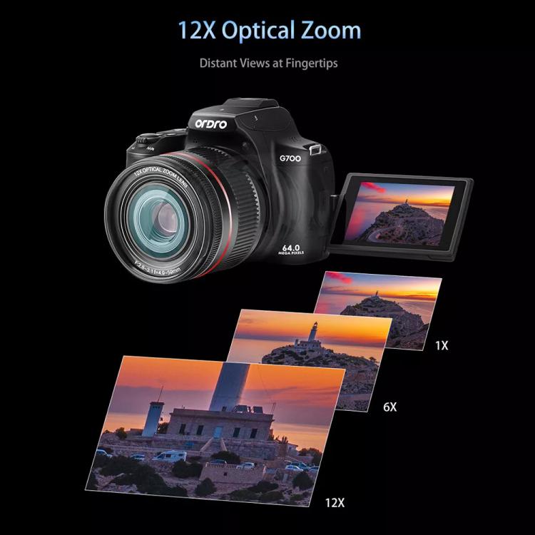 Cámara digital con zoom óptico y pantalla giratoria Ordro 4K Ultra HD, G700