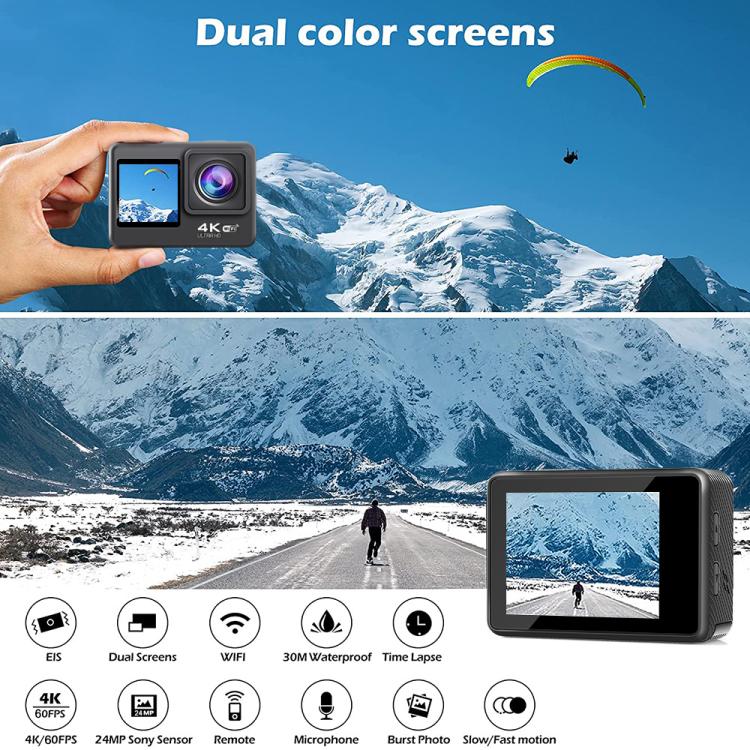 Cámara deportiva con control remoto, pantalla dual, gran angular, EIS, antivibración, táctil, a color, WIFI, Q60TR