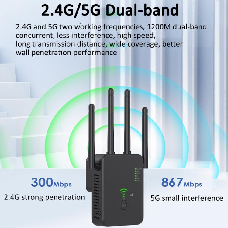 Repetidor inalámbrico Urant U10 de 1200 Mbps, 2,4 G y 5,8 G, amplificador de señal WiFi con 4 antenas, US Plug Black, US Plug White, EU Plug Black, EU Plug White, UK Plug Black, UK Plug White