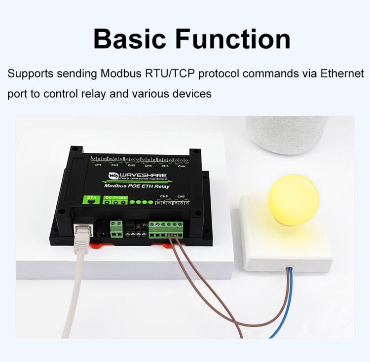 Módulo de relé Ethernet industrial de 8 canales Waveshare 24964, comunicación por puerto PoE, 24964