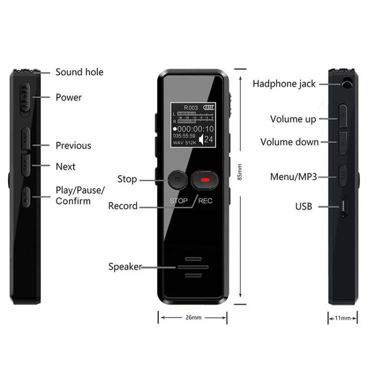 Mini grabadora de entrevistas HD con pantalla LCD de 0,9 pulgadas y reproductor MP3 con carga USB, 8GB, 16GB, 32GB, 64GB