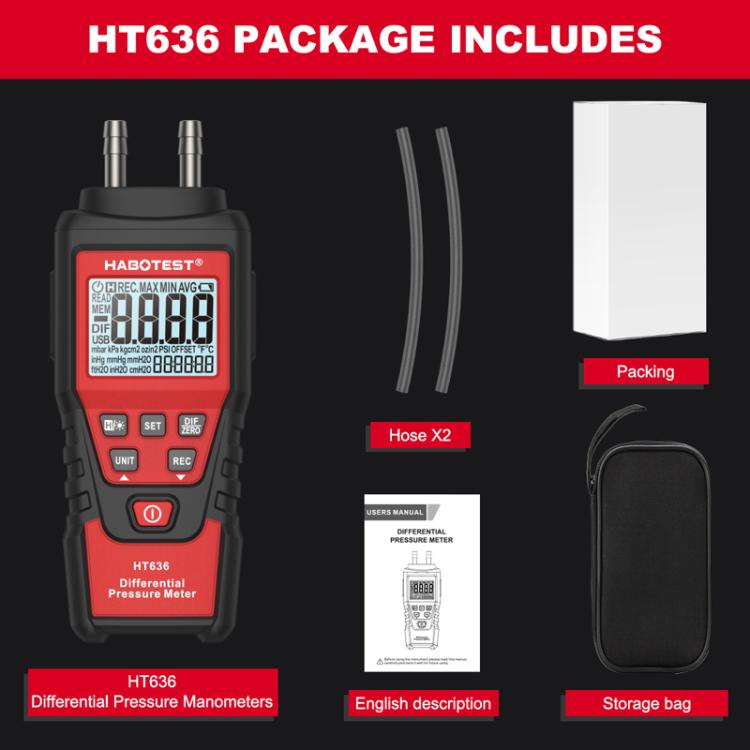 Manómetro de presión diferencial de alta precisión HABOTEST HT636, comprobador digital de micropresión, HT636