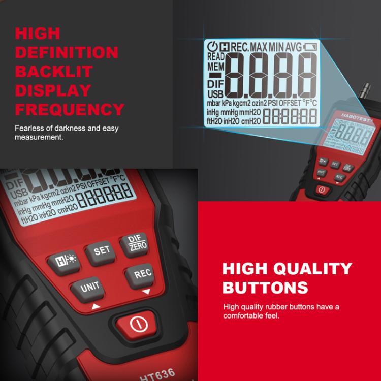 Manómetro de presión diferencial de alta precisión HABOTEST HT636, comprobador digital de micropresión, HT636