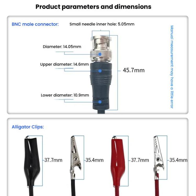 Cable de prueba de señal Q9 para sonda de osciloscopio con conector BNC macho a 2 pinzas de cocodrilo, 0.5m, 1m, 1.5m