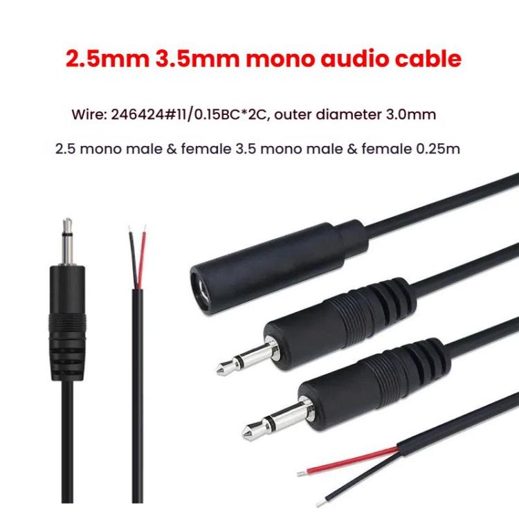 Cable mono de 2 pines AUX de un solo cabezal Cable de alimentación de audio para altavoz Cable de audio, longitud: 25 cm, 2.5mm Male, 2.5mm Female, 3.5mm Male, 3.5mm Female