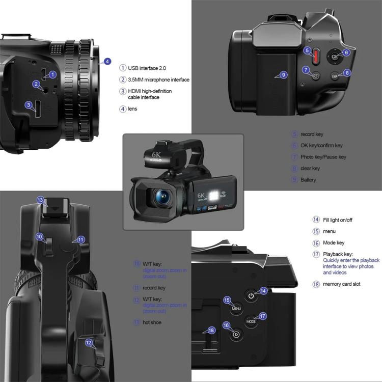 Videocámara Ultra HD de 64 MP, 6K, con zoom digital de 18 aumentos y pantalla táctil de 4 pulgadas., 6K 16G, 6K 32G, 6K 64G