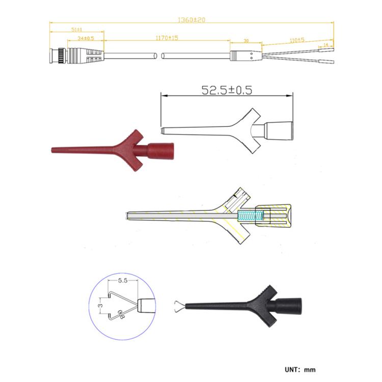 Pinza de gancho BNC hembra, línea de prueba, sonda de osciloscopio