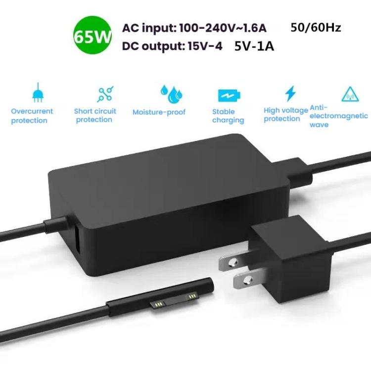 Cargador rápido de 65 W, 15 V, 4 A con puerto USB-A de 5 V y 1 A para Microsoft Surface Laptop. Adaptador de corriente alterna., US Plug, EU Plug, UK Plug, AU Plug