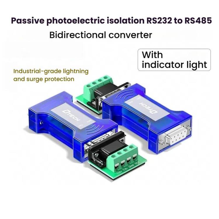Convertidor bidireccional DTECH RS232 a RS485 con protección contra sobretensiones y transitorios - Interfaz pasiva optoaislada