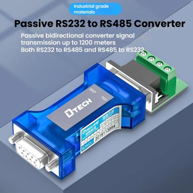 Convertidor bidireccional DTECH RS232 a RS485 con protección contra sobretensiones y transitorios - Interfaz pasiva optoaislada