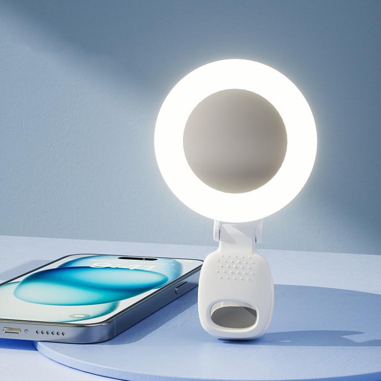 Anillo de luz para selfies con clip, espejo, recargable y portátil para maquillaje, con 3 temperaturas de color ajustables.