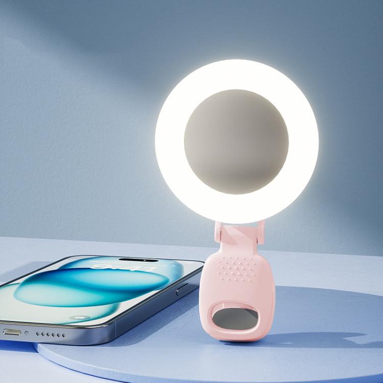 Anillo de luz para selfies con clip, espejo, recargable y portátil para maquillaje, con 3 temperaturas de color ajustables.