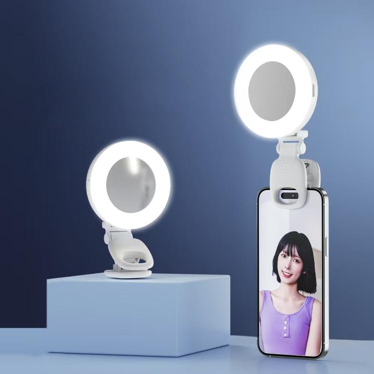 Anillo de luz para selfies con clip, espejo, recargable y portátil para maquillaje, con 3 temperaturas de color ajustables.