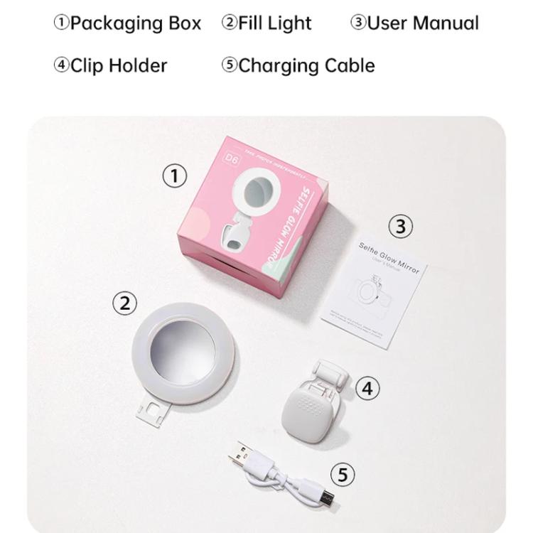 Anillo de luz para selfies con clip, espejo, recargable y portátil para maquillaje, con 3 temperaturas de color ajustables.