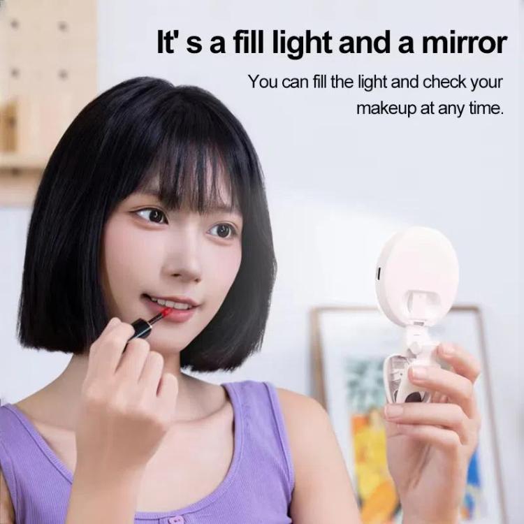 Anillo de luz para selfies con clip, espejo, recargable y portátil para maquillaje, con 3 temperaturas de color ajustables.
