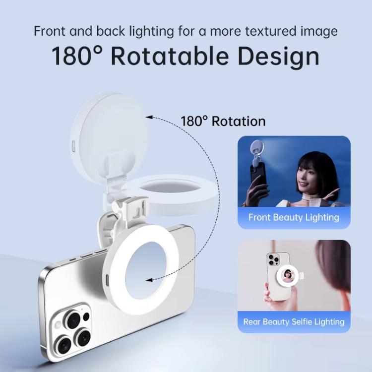 Anillo de luz para selfies con clip, espejo, recargable y portátil para maquillaje, con 3 temperaturas de color ajustables.
