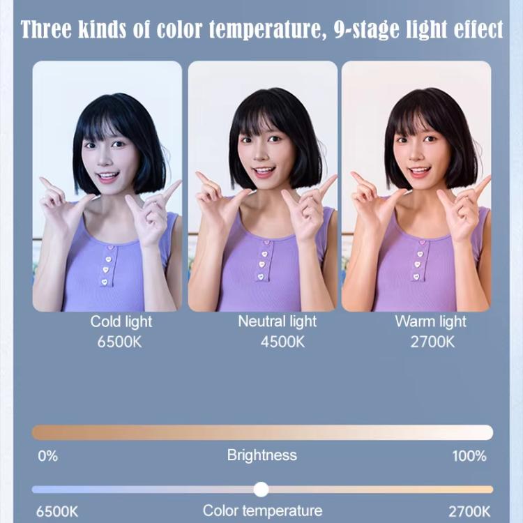 Anillo de luz para selfies con clip, espejo, recargable y portátil para maquillaje, con 3 temperaturas de color ajustables.