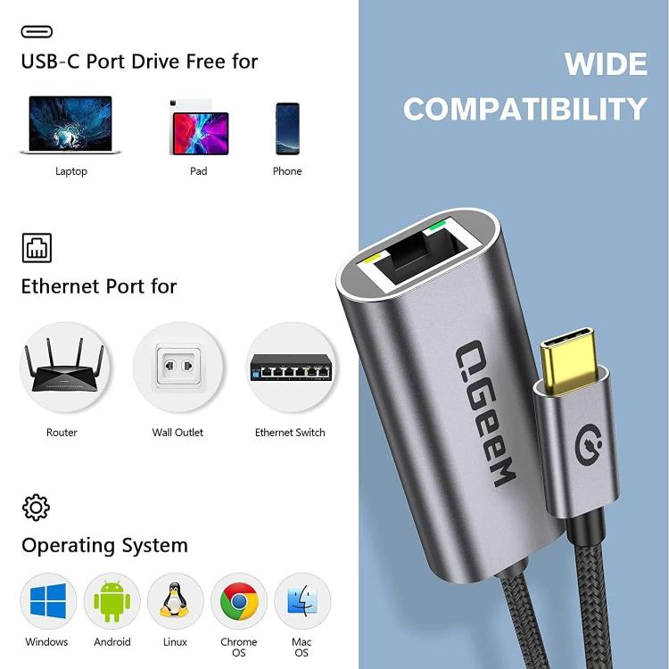 Adaptador convertidor LAN Gigabit Ethernet para portátil, PC, smartphone, Plug & Play, longitud del cable 15 cm, QGeeM  USB-C/Type-C To RJ45, QGeeM  USB-A To RJ45