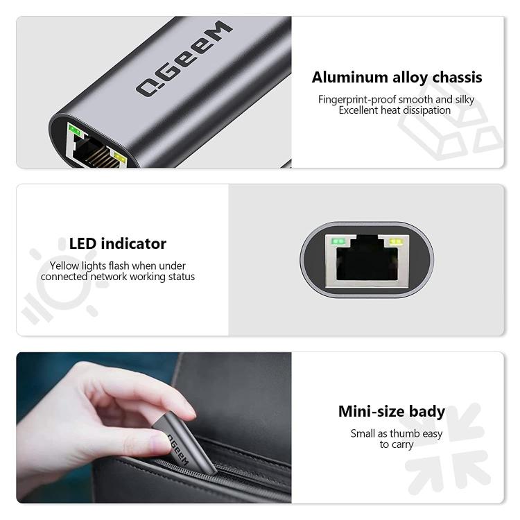 Adaptador convertidor LAN Gigabit Ethernet para portátil, PC, smartphone, Plug & Play, longitud del cable 15 cm, QGeeM  USB-C/Type-C To RJ45, QGeeM  USB-A To RJ45