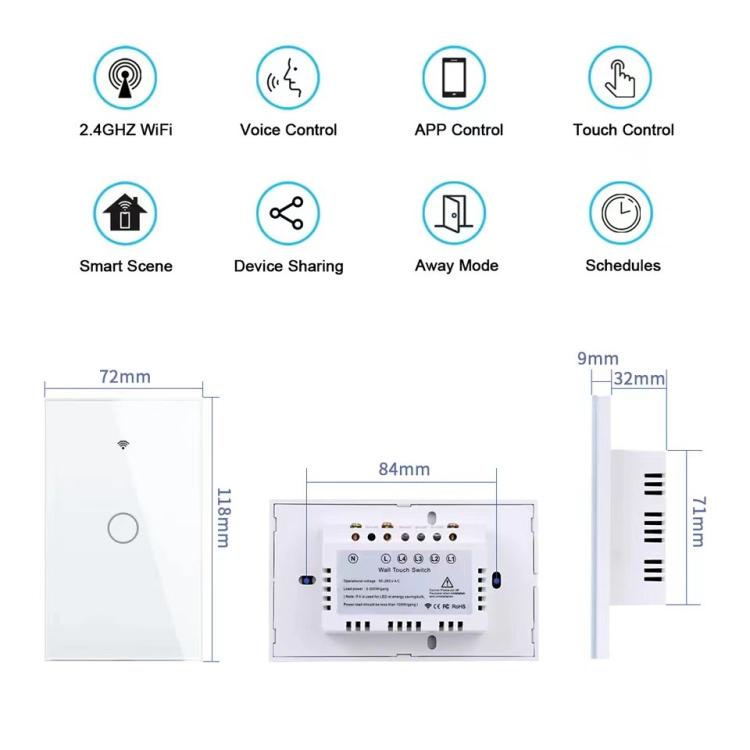 Modelo 120 US Gauge Graffiti Smart WIFI Interruptor de fuego único, 1-Gang White, 2-Gang White, 1-Gang Black, 2-Gang Black, 1-Gang Gold, 2-Gang Gold