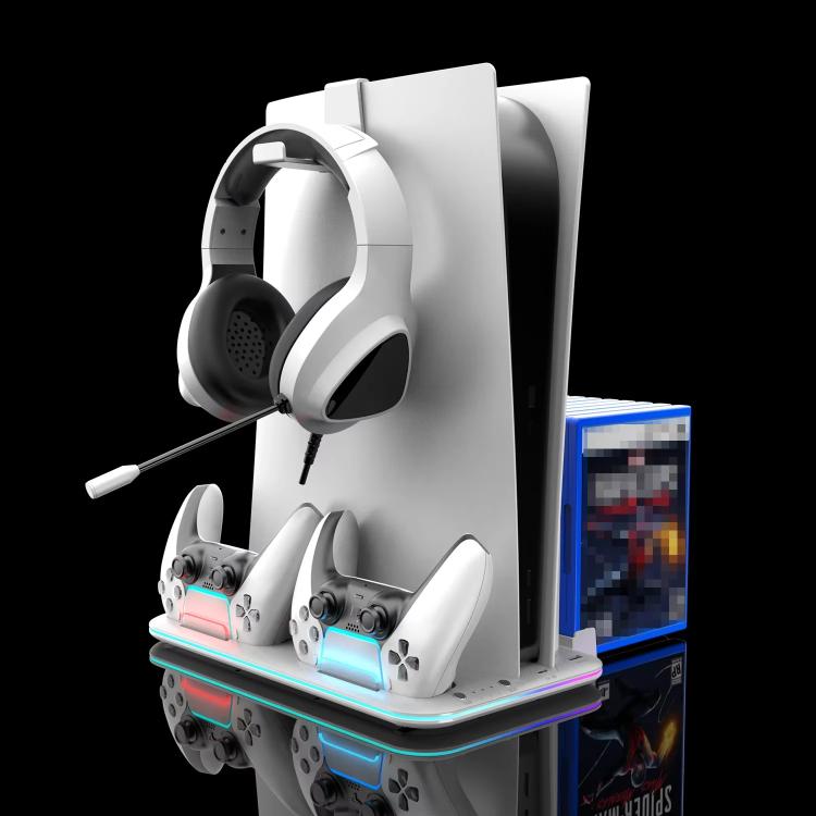 Soporte de refrigeración multifuncional para PS5 Slim / Pro con estación de carga para mandos y soporte para discos de juegos.