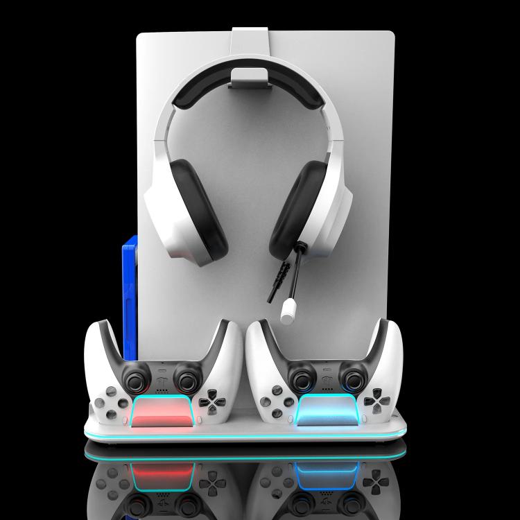 Soporte de refrigeración multifuncional para PS5 Slim / Pro con estación de carga para mandos y soporte para discos de juegos.