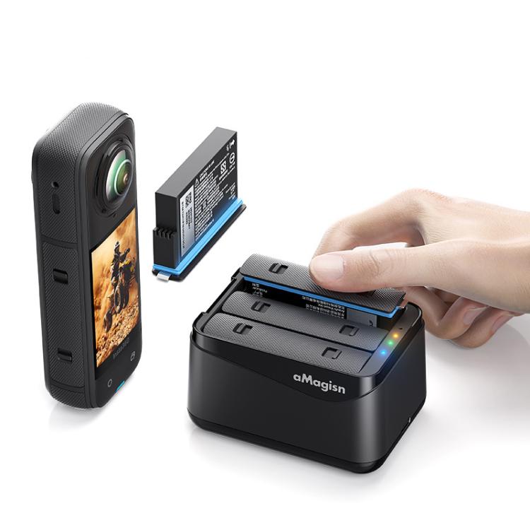 Cargador de baterías AMagisn para cámara Insta360 X5, estación de carga rápida para 3 baterías simultáneamente.