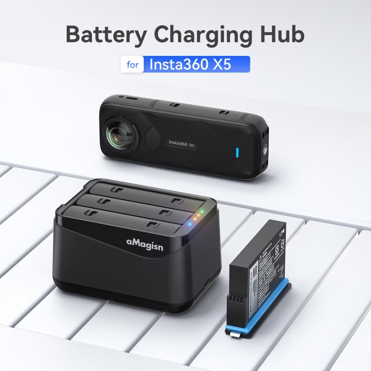 Cargador de baterías AMagisn para cámara Insta360 X5, estación de carga rápida para 3 baterías simultáneamente.