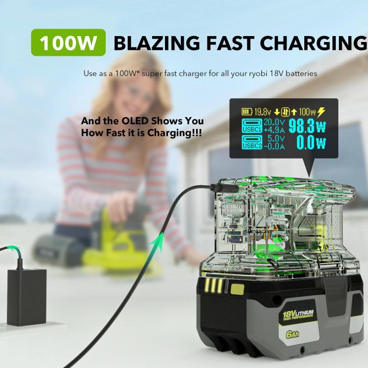 Cargador rápido de 100 W y estación de descarga de 145 W para baterías de litio RYOBI de 18 V., PSC, PSC-OB, PSC Pro, PSC Pro -OB, PSC Pro Max, PSCPM-OB