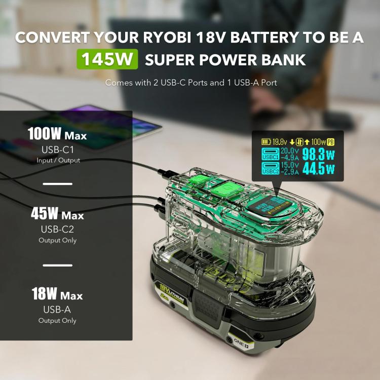Cargador rápido de 100 W y estación de descarga de 145 W para baterías de litio RYOBI de 18 V., PSC, PSC-OB, PSC Pro, PSC Pro -OB, PSC Pro Max, PSCPM-OB