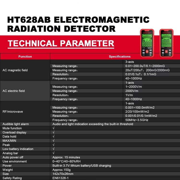 Medidor de campos electromagnéticos (CEM) multifásico HABOTEST HT628B, recargable., HT628B