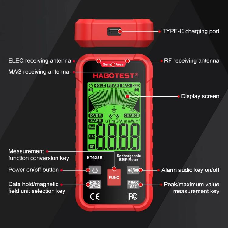Medidor de campos electromagnéticos (CEM) multifásico HABOTEST HT628B, recargable., HT628B