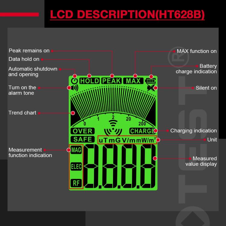Medidor de campos electromagnéticos (CEM) multifásico HABOTEST HT628B, recargable., HT628B