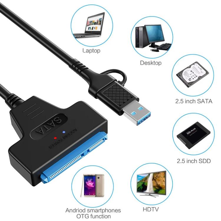 Cable adaptador USB 3.0/USB-C a SATA de 22 pines para discos duros/SSD de portátiles de 2,5 pulgadas, 25cm