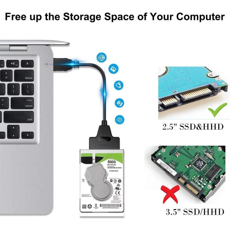 Cable adaptador USB 3.0/USB-C a SATA de 22 pines para discos duros/SSD de portátiles de 2,5 pulgadas, 25cm