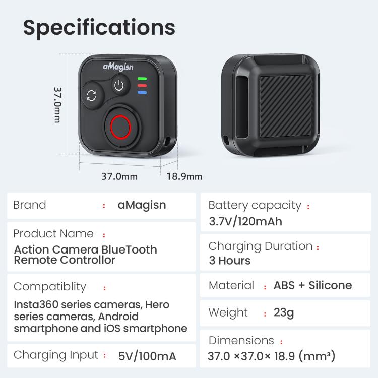 Control remoto inalámbrico Bluetooth aMagisn para cámaras Insta360, GoPro Hero y teléfonos inteligentes - Alcance de 50 m, AM22