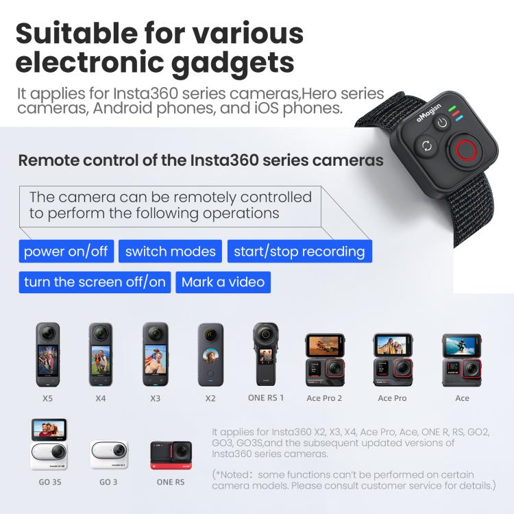 Control remoto inalámbrico Bluetooth aMagisn para cámaras Insta360, GoPro Hero y teléfonos inteligentes - Alcance de 50 m, AM22