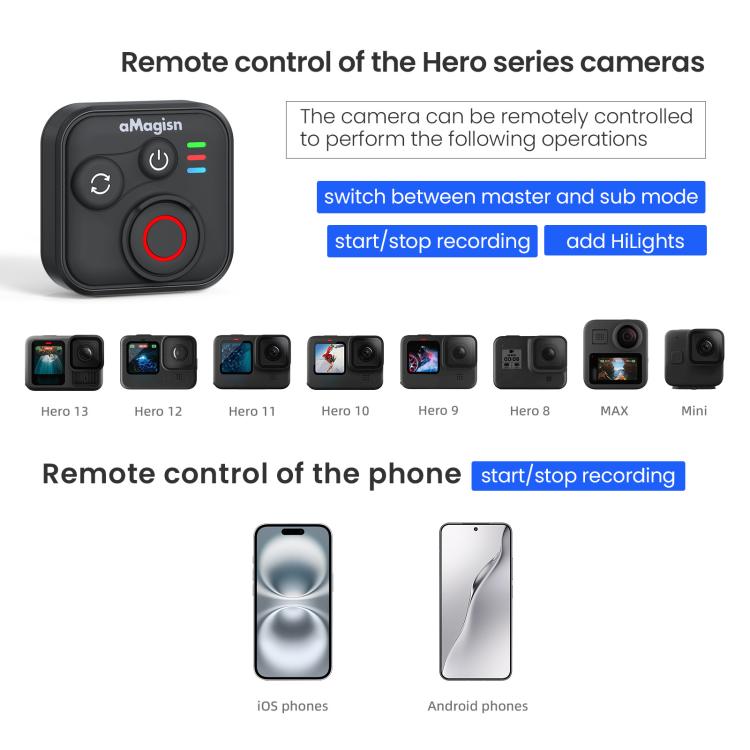 Control remoto inalámbrico Bluetooth aMagisn para cámaras Insta360, GoPro Hero y teléfonos inteligentes - Alcance de 50 m, AM22