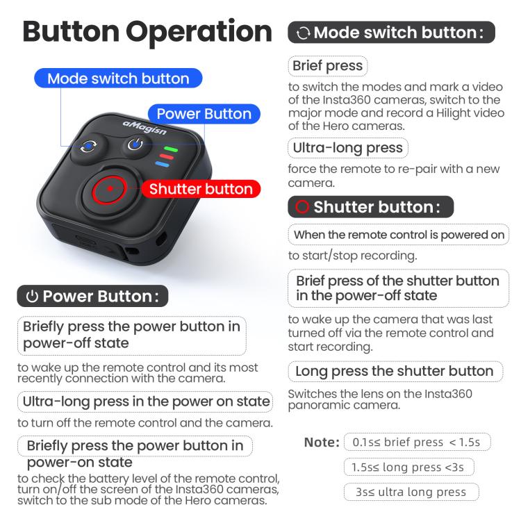 Control remoto inalámbrico Bluetooth aMagisn para cámaras Insta360, GoPro Hero y teléfonos inteligentes - Alcance de 50 m, AM22