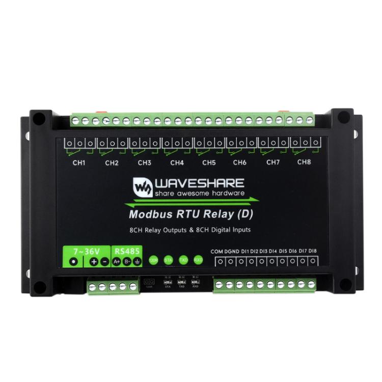 Módulo de relés Waveshare Modbus RTU de 8 canales RS485 con entrada digital, circuitos de protección de aislamiento múltiple y fuente de alimentación de 7~36 V.