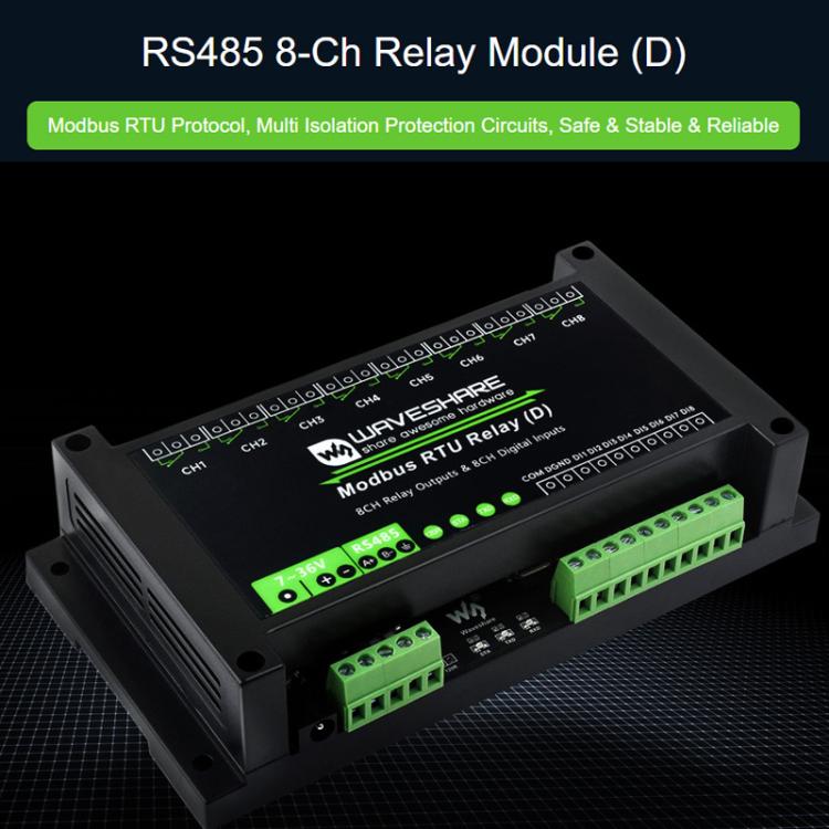 Módulo de relés Waveshare Modbus RTU de 8 canales RS485 con entrada digital, circuitos de protección de aislamiento múltiple y fuente de alimentación de 7~36 V.