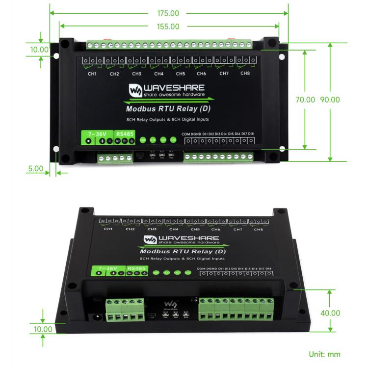 Módulo de relés Waveshare Modbus RTU de 8 canales RS485 con entrada digital, circuitos de protección de aislamiento múltiple y fuente de alimentación de 7~36 V.