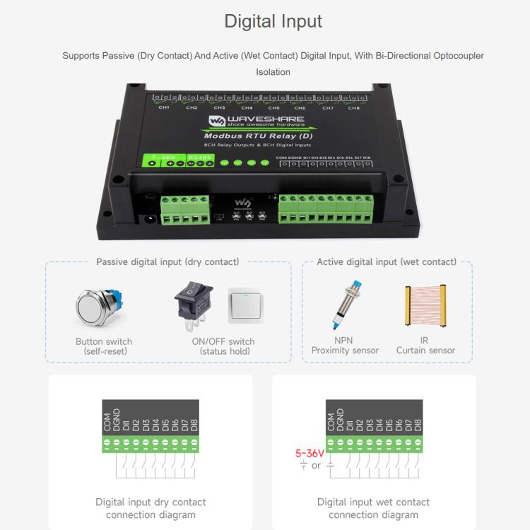 Módulo de relés Waveshare Modbus RTU de 8 canales RS485 con entrada digital, circuitos de protección de aislamiento múltiple y fuente de alimentación de 7~36 V.